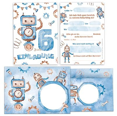 Minkocards 12 Einladungskarten incl. 12 Umschläge zum 6. Kindergeburtstag Junge Roboter Einladungen zum sechsten Geburtstag Kinder Einladungsset