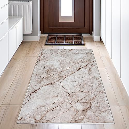 Teppich-Traum Modern-Abstrakter Marmor Kurzflor Teppich Schlafzimmer Allergiker-freundlich Oeko-TEX weich warm beige braun, 80 x 150 cm
