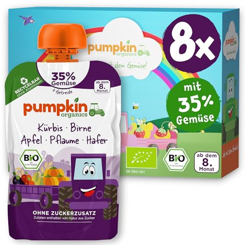 Pumpkin Organics Bio Gemüse-Getreide-Quetschies 8er Pack Kürbis, Birne, Apfel, Pflaume, Hafer ohne Zuckerzusatz¹ - ab dem 8. Monat - als Snack oder Beikost für unterwegs (8x100g)