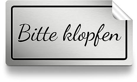 Bitte klopfen Aufkleber rechteckig, 15cm lang, silber/schwarz, selbstklebender Sticker, wetterfest und UV-beständig