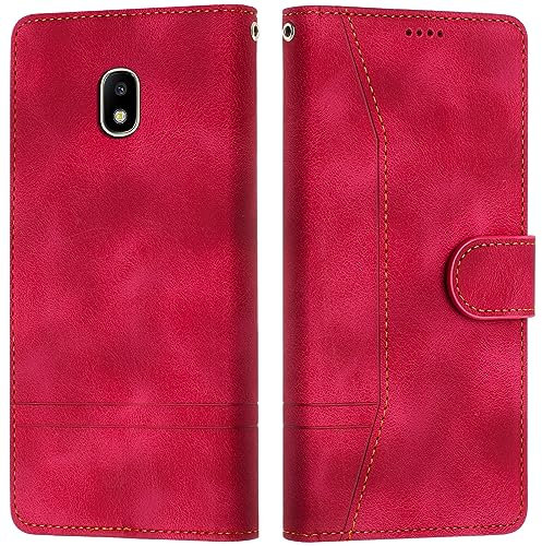 LiLuLa Kompatibel mit Samsung Galaxy J3 2017 / J330 Hülle, Handyhülle Samsung J3 2017 / J330, Galaxy J3 2017 / J330 Hülle Klappbar Leder Flip Wallet Case Schutzhülle Klapphülle Hülle Holster (Rot)