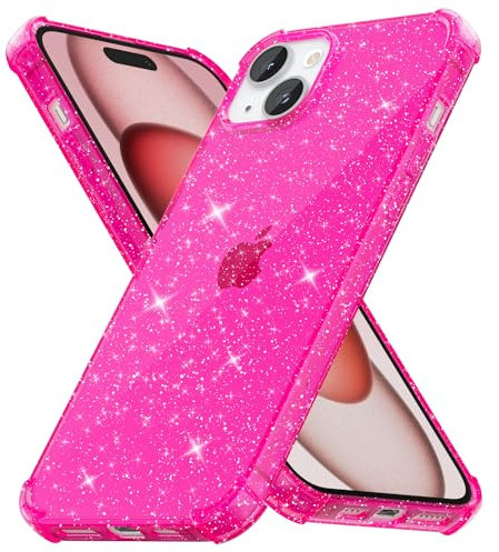 Svanove for iPhone 15 Phone Case Clear Glitter, Cute Bling Sparkly Shiny Cover, Neon Transparent Fluorescent Bright Color, Thin Slim Soft Silicone Flexible TPU for Women Girl, Hot Pink