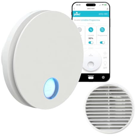 plikc - Aspiratore WIFI da parete ad aspirazione assiale serie Ario W con sensore di Umidità e Timer - 100% MADE IN ITALY + Griglia da muro (Foro Ø 148, Bianco)
