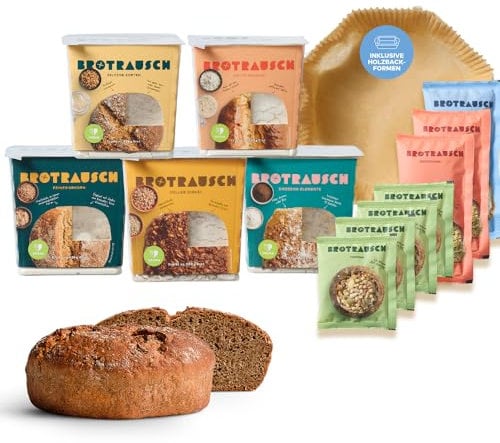 Brotrausch Dinkelbrot Brotbackmischung (5 x 400g) – inkl. Brotbackform aus Holz - natürlich, vegan und ohne Chemie - mit Dinkel, Roggen & Vollkorn, Brot backen