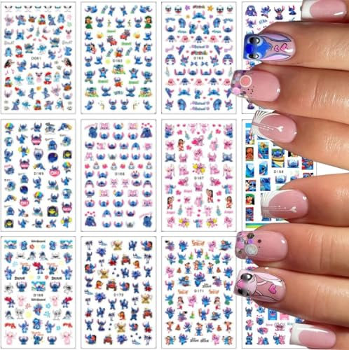 Lot de 12 feuilles d'autocollants pour ongles, motif de dessin animé Kawaii, pour femmes, filles, cadeau (800 décalcomanies) (Sti)