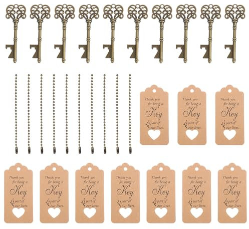 PATIKIL Vintage Key Bottle Openers, 10 Pcs Wedding Party Favor Souvenir Gift Set with Thank You Tag, Key Chains for Guests, Ancient Bronze, Brown