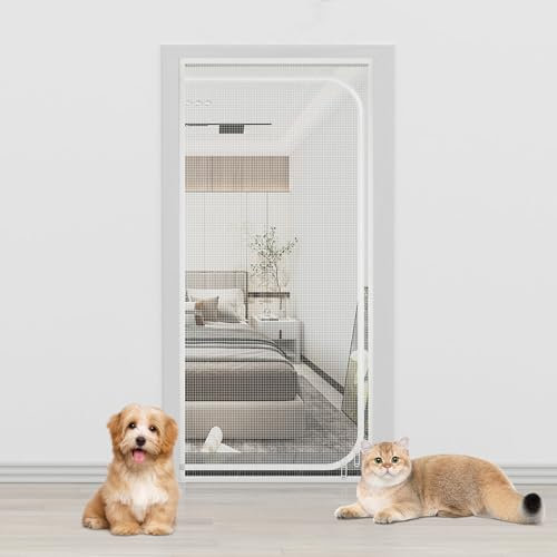 LIFEDYLUK Moustiquaire de Porte pour Chat pour empêcher Animaux de Compagnie de s'échapper, Rideau de Porte avec Fermeture éclair pour Salon Chambre à Coucher Cuisine terrasse (100 * 210cm,Blanc)