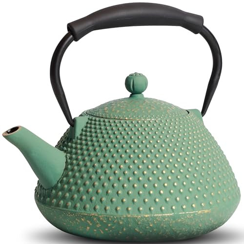Gusseisen Teekanne, 780 ml Teekessel, herdgeeignet mit Teesieb für Tee und Kaffee, handgefertigte japanische Teekanne mit emaillierter Innenseite, Silikongriff