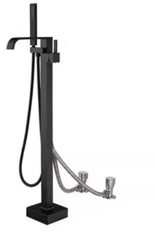 Robinet De Baignoire Ilot Avec Douchette Pour Salle De Bain, Laiton Mitigeur Au Sol Autoportant Sur Pied Avec Poignée, Noir (Black-B)