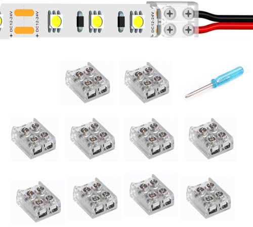 YUTOKEER LED-Streifen zu Draht Verbinder - 2-polig 10mm Lötfrei für 5050 3528 COB SMD LED Streifen, Transparentes Design, Inklusive Schraubendreher, 10er Pack
