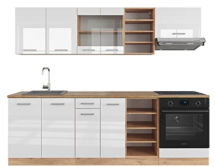 Vicco Küchenzeile R-Line, Weiß Hochglanz/Goldkraft Eiche, 240 cm