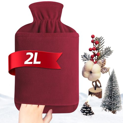 MUPAS Hot Water Bottle with Fleece Cover - 2L Large Leakproof Hot Water Bag (Red)