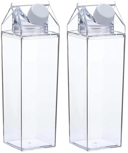 Botella de Agua Transparente,Pack de 2 Botellas de Agua de Cartón de Leche, Cartón de Leche Transparente de 1000 ml, Reutilizables, para Picnic, Camping, Leche, Zumo de Naranja