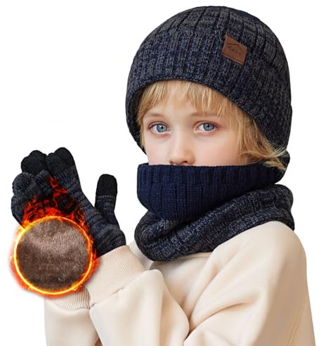 Wintermütze Kinder Schal Handschuhe 3PCs Fleece Gefüttert Beanie Strickmützen Warmem Mütze, Schal & Touchscree Handschuhe-Sets Verdicken Fleece Thermisch für Jungen Mädchen, Navy, 4-10 Jahre