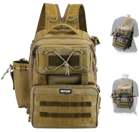 Goture Angelrucksack, Angelzubehör-Rucksack mit Rutenhalter, Tasche für Salzwasser-Angelausrüstung, Umhängetasche für den Außenbereich Khaki