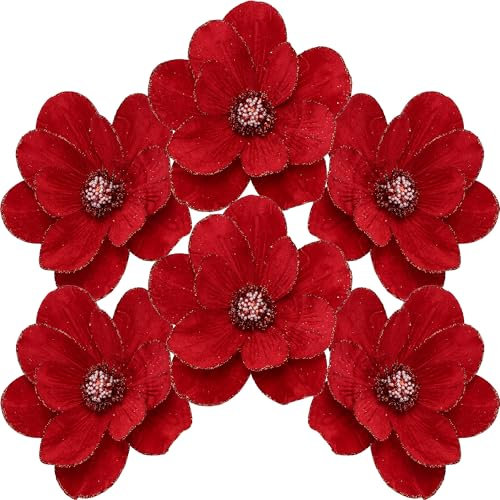 Sea Team Paquete de 6 adornos de flores artificiales de Navidad, magnolia de tela flocada con purpurina, decoraciones florales para árbol de Navidad, corona, guirnalda, 10 pulgadas, color rojo