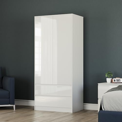 Vida Designs Glinton High Gloss 2 Door 2 Drawer Wardrobe Bedroom Storage Organiser with Hanging Rail Modern Furniture 100% FSC Certified (White, 2 Door 2 Drawer)