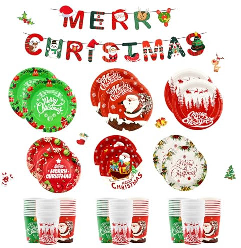 Christmas Party Plates Christmas Snowman Tree Paper Plates Tableware Party Supplies for Merry Christmas Party Decorations 30 Guests