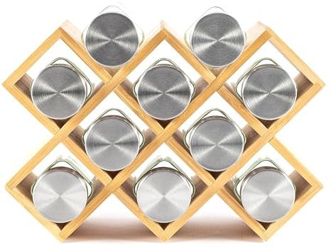 Hanseküche Portaspezie in legno - certificato FSC® - portaspezie per la credenza con 18x barattoli di spezie, etichette e penna (marrone) (marrone, 10)