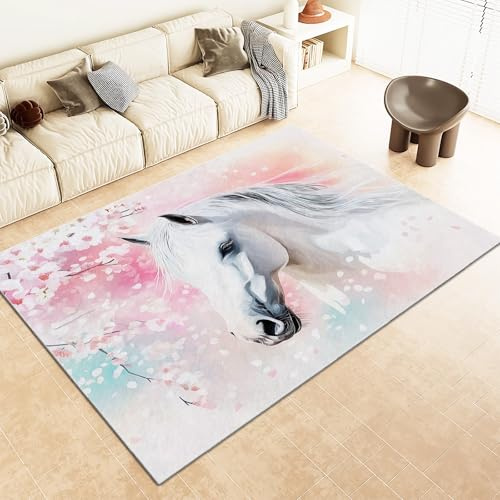 Srigzcaly Kurzflor Rechteck Teppich Wohnzimmer 80x150cm Tiere Weißes Pferd Kirschblüten Waschbarer Teppich für Mädchen Junge Schlafzimmer Hellrosa Kinderzimmer Flauschig rutschfest