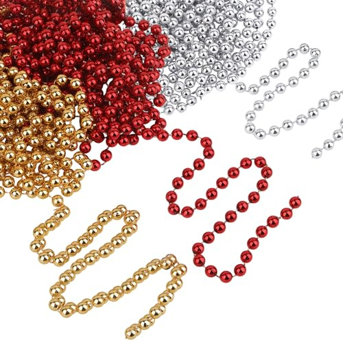 WedDecor 24 Feet (7.3 Metres) Christmas Tree Beads Christmas Bead Chain Hanging Pearl Metallic Xmas 7.5mm Beads Garlands Shiny Artificial Tinsel For Christmas Decorations, Set of Gold, Silver & Red