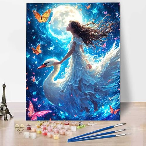 Cygne Peinture par Numéros pour Adulte, Peinture Numero Adulte Kit de Peinture à l'huile sur Toile Bricolage pour Enfant avec pinceaux Peinture de Dessin de Pigment Acrylique 40x50cm Ciel étoilé L-U