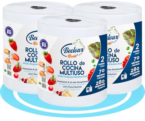 BESTLINE Rollo Cocina Papel Multiuso de 2 Capas, Resistente y Muy Absorbente, Hecho con Celulosa Pura, Hasta 280 Usos por Rollo, 70 metros, 3 Rollos