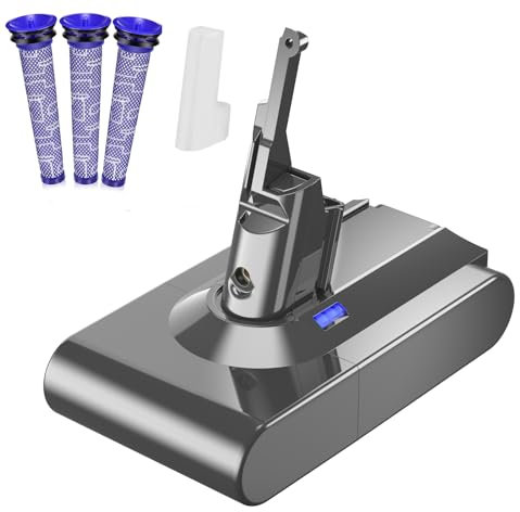 V8 Batteria di ricambio per Dyson, Powtree 6000 mAh per Dyson SV10, compatibile con V8 Absolute Animal Fluffy Motorhead esclusivo aspirapolvere manuale (1 tappo di protezione della batteria + 3 filtri