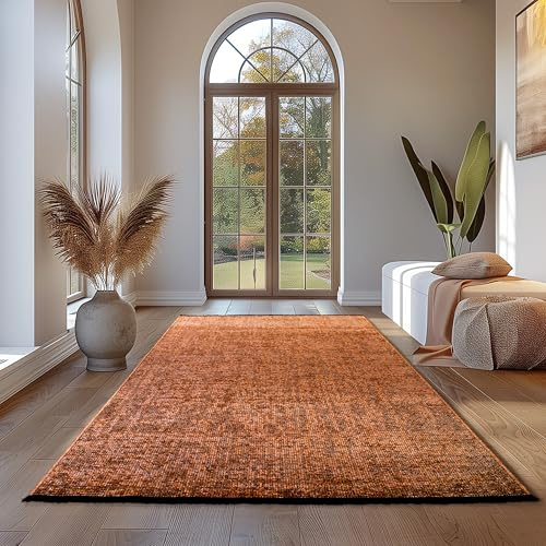 Teppium Baumwolle Chenille Teppich Terrakotta 240x340 cm Waschbar, Boho-Stil, Vintage Kelim, Kurzflor, rutschfest & Weich, Einfarbig Meliert, Für Wohnzimmer, Schlafzimmer, Büro & Küche
