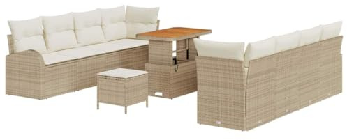 vidaXL 11-teiliges Garten-Sofa-Set mit Kissen in Beige aus Poly-Rattan und Akazienholz. Perfekte Gartenmöbel für Balkon und Terrasse. Wetterfestes, modulares Loungeset für entspanntes Sitzen.