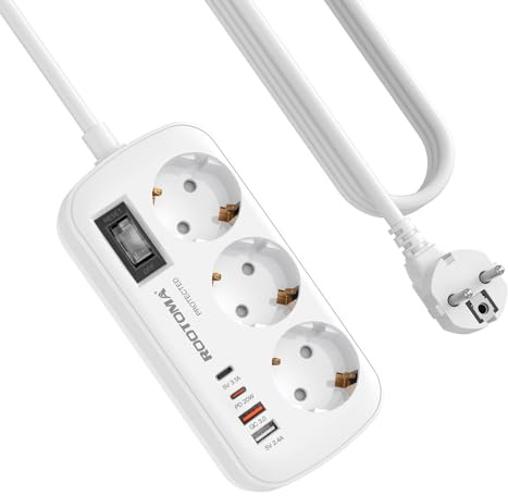 Regletas Enchufes con USB, Protección Sobretensión, 3 Tomas con Interruptor, Enchufe Múltiple de Carga 2 USB C y 2 USB A (PD 20W&QC 3.0), Cable 1.5m, Ideal para Viajes y Hogar, 16A/4000W