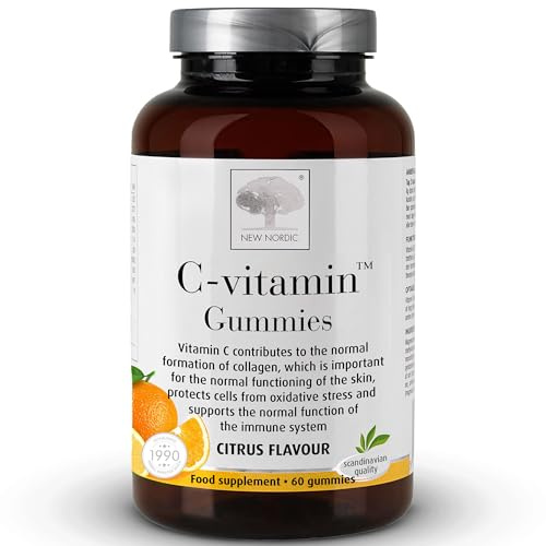 New Nordic C-Vitamin Gummies, Citrus, Collagen & Immune Support, Vegan 60ct | Normal collagen formation for skin function, helps protect cells from oxidative stress, no artificial additives, vegan, daily