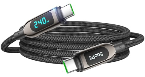 SooPii 240W Câble USB C vers USB C avec affichage LED, 2m, Noir | Nylon Tressé Type C Câble pour iPhone 17/16/15 Pro Max, Galaxy S25/S24, MacBook Pro/Air, iPad