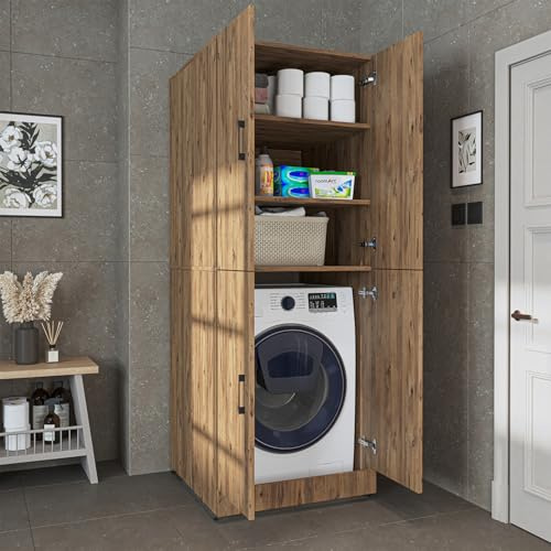 ROOMART Waschmaschinenschrank Dora für Waschmaschine & Trockner, mit Regalböden, 5 Farben wählbar (Eiche, Ohne Aufsatzschrank: (HBT): 186 x 70 x 73,8 cm)