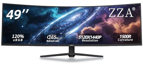 ZZA 49 Inch UltraWide Curved Gaming Monitor 5120 × 1440 DQHD, 1500R, 165Hz, AMD FreeSync, 120% sRGB, Height Adjustable, HDMI 2.1 & DP 1.4, VESA Mount - Black