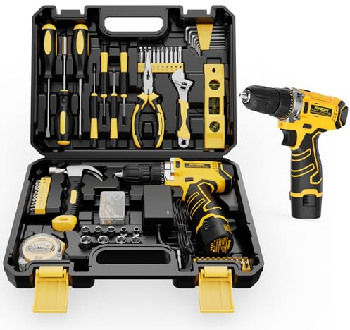 Sundpey 166-Piece Portable Small Home Tool Kit Set with 12V Cordless Drill | Tool Box with Adjustable Wrench & Pliers & Hex Keys & Level, for Men Women, for Household House Garage Apartment Dorm Office
