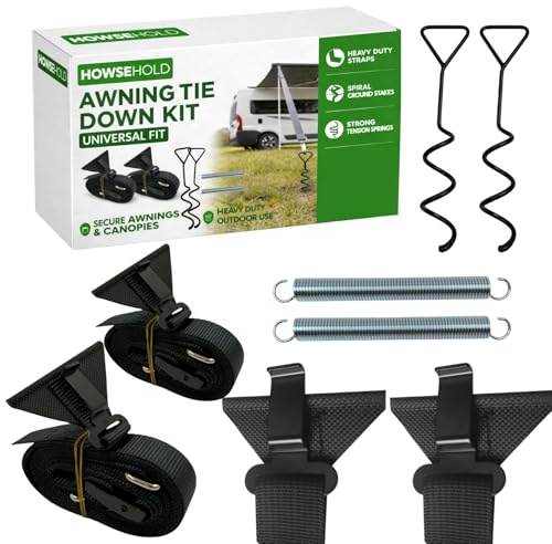 Awning Storm Straps, Awning Tie Down Kit for Caravan Awnings, Storm Straps for Awnings with Spiral Ground Pegs, Shock Absorbing Springs, Adjustable Buckles, Caravan Accessories for Camper & Motorhome
