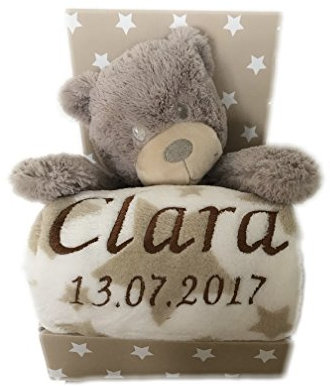 KIDDI-MEDIA Babydecke mit Name & Geburtsdatum Bestickt inkl. Plüsch Stofftier - Geschenk Taufe Geburt/CE-Zertifizierung (Beige/Weiss - TEDDYBÄR)
