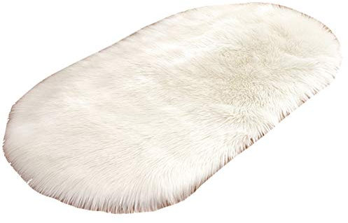 HotYou Faux Lammfell Schaffell Teppich Ellipse Kunstfell Dekofell Lammfellimitat Teppich Longhair Fell Nachahmung Wolle Bettvorleger Sofa Matte,Weiß,50 * 80CM