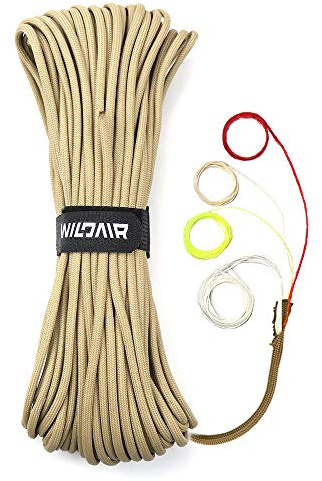 Wildair, 4-in-1-Fallschirmschnur – entzündbare 30,5 m-Überlebens-Fallschirmschnur, 0,4 cm-Durchmesser, USA Militär Typ III, mit integrierter Angelschnur und entzündbarer Zunderstrang (Khaki)