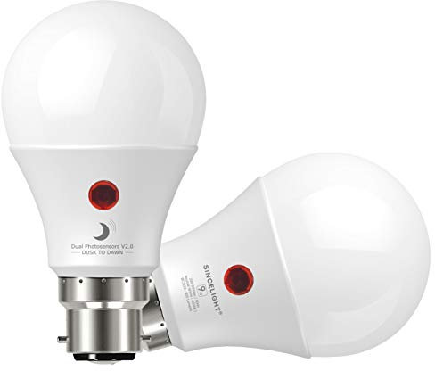 SINCELIGHT LED Glühbirne 9W mit Dualem Dämmerungssensor für Außenlampe, Automatisches Ein- und, Sicherheits-Nachtbirnen von der Dämmerung bis zum Morgengrauen, Tageslichtsensor, B22, 4000K, 2 Stück
