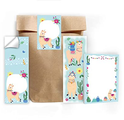 Junapack 6 Lesezeichen + 6 Mini-Notizblöcke + 6 Geschenktüten (Natur) + 6 Aufkleber Lama Mitgebsel Gastgeschenk beim Kindergeburtstag Mädchen