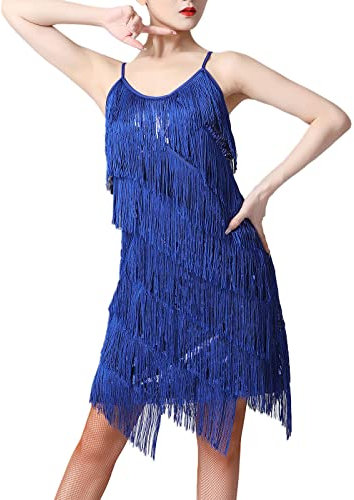 20er Jahre Kleid Frauen Damen Vintage Retro Flapper Gatsby Glitzer Pailletten Fransenkleid 1920er Hochzeit Party Charleston Kostüm Spaghettiträger Sexy Minikleid Kurz Latein Tanzkleid Königsblau 3XL