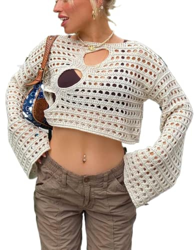 ZZLBUF Women's Hollow Out Crochet Knit Sweater Crop Tops Long Sleeve Sweater Cropped Jumper Cover Up Pullover Tops Y2K Streetwear