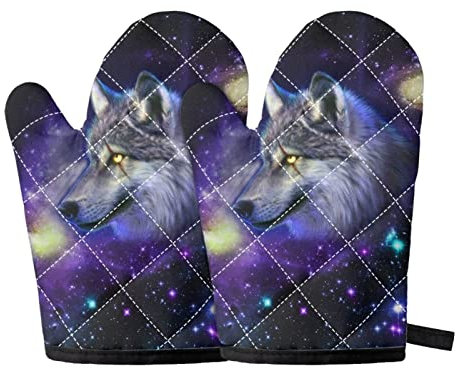 Howilath 3D Wolf Galaxy Designer-Handschuhe, hitzebeständig, dicke Ofenhandschuhe, Backhandschuhe, hitzebeständig, Schwarz