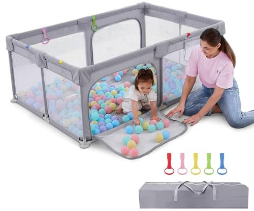 Dripex Laufstall Baby 120x180cm, Laufgitter Baby, Laufstall mit atmungsaktivem Netz, Laufgitter 300D Oxford Gewebe, Playpen, kinderlaufstall, Große Sicherheitsspielplatz, Grau