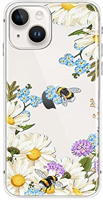 FancyCase Kompatibel mit iPhone 14 Hülle (15,5 cm), süßes Frühlings- und Sommerblumen-Design mit Bienenmuster, flexible TPU-Schutzhülle, klare Schutzhülle (Biene auf Blume)