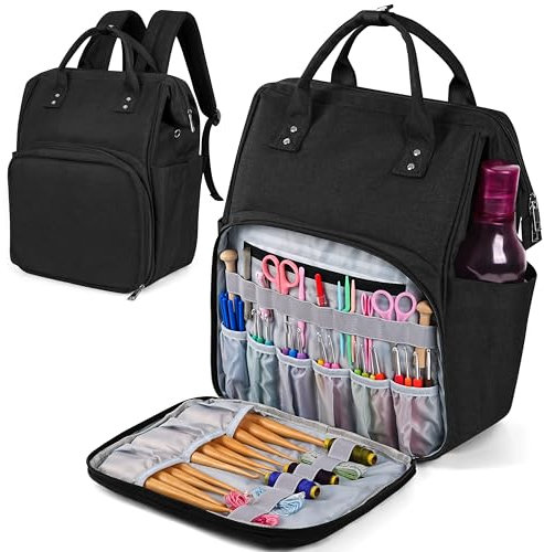 Winter Shore Schwarze Stricktasche für Unterwegs - Stricktasche Aufbewahrung mit Reißverschluss für Nähzubehör - Große Reise-Häkeltasche mit Fächern für Garne, Häkel- & Stricknadeln Aufbewahrung