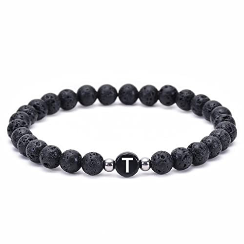 Musihy Lavaperlen Armband, Beaded Bracelet Elastische Perlen mit Buchstaben T 6MM Perlenarmband Herren Umfang 17CM