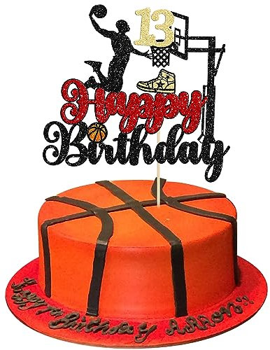1Pc Happy 13th Birthday Basketball Cake Topper Glitter Basketball Sports Cake Pick Cheers to 13 Years Birthday Cake Decoration for 13th Birthday Basketball Party Supplies Black